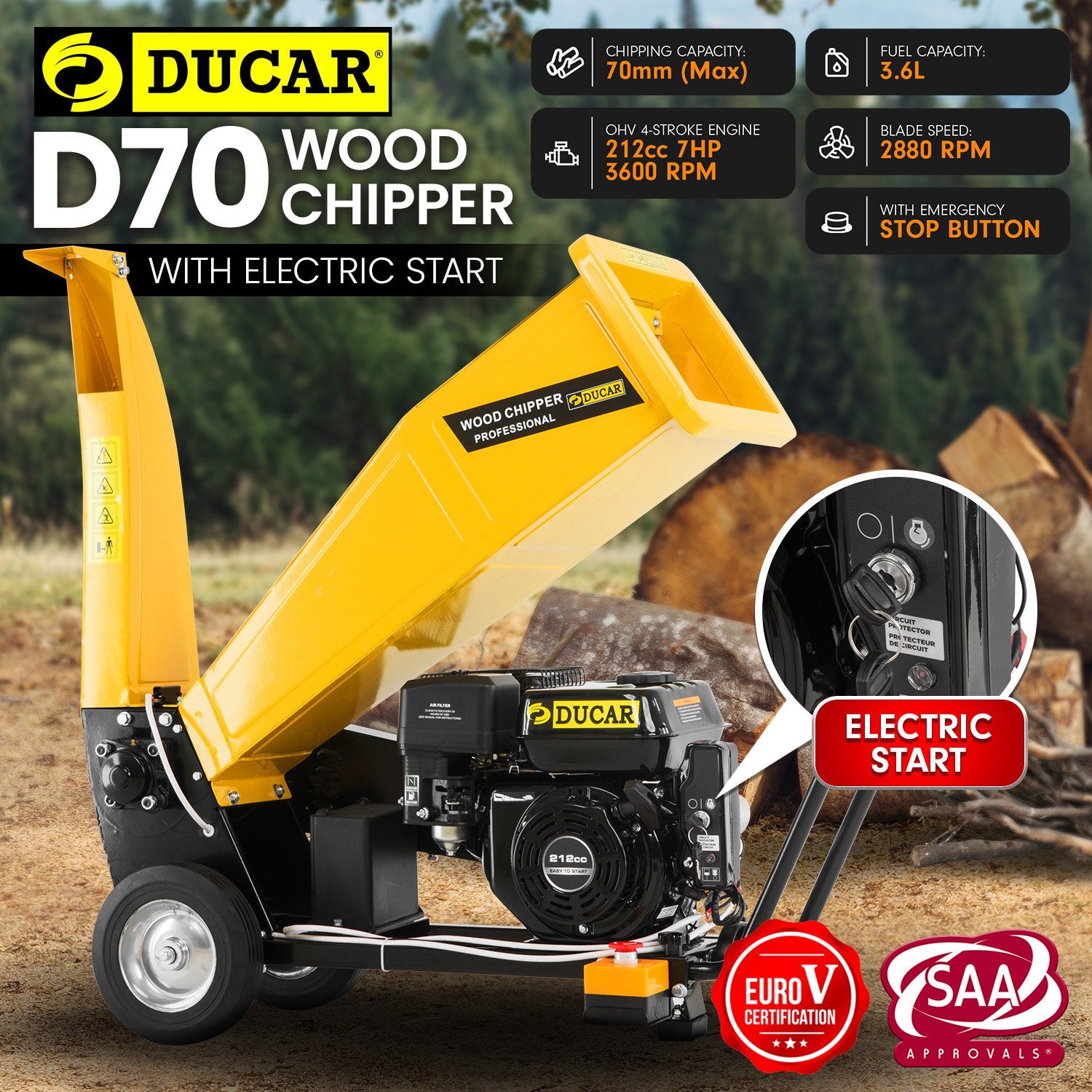 D70 7HP Wood Chipper Electric Start Shredder Mulcher Grinder Petrol in Yellow