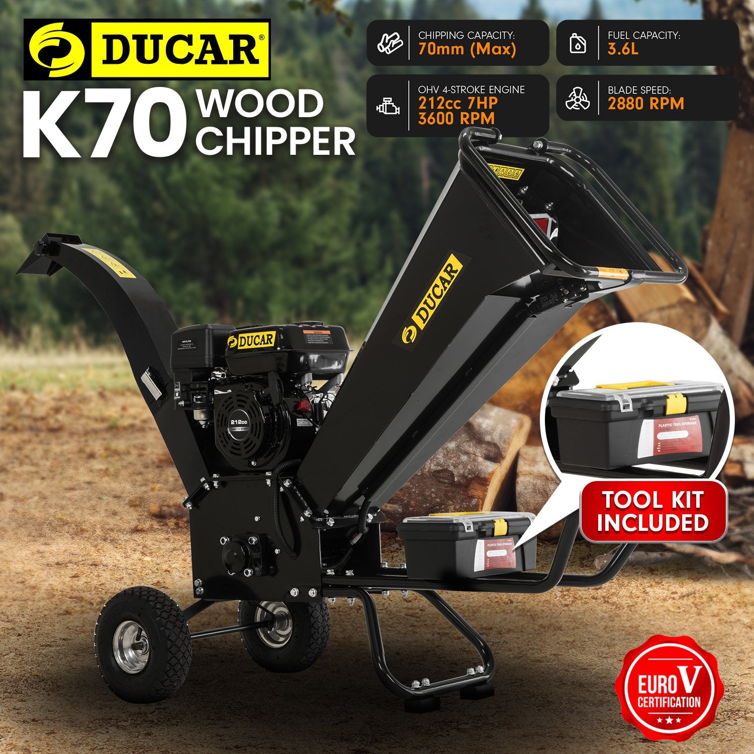 K70 7HP Wood Chipper Shredder Mulcher Grinder Petrol in Black