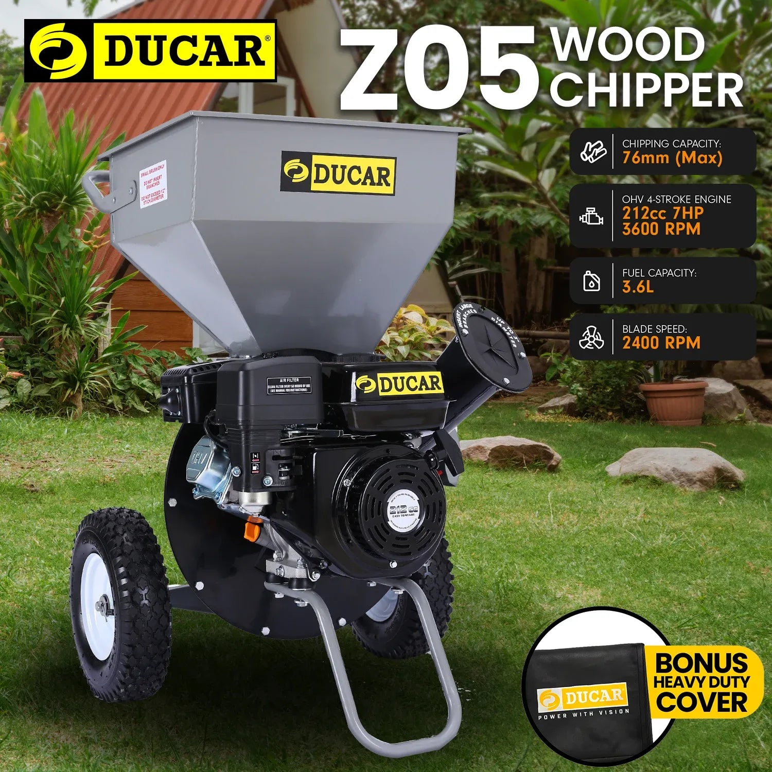 Ducar Wood Chipper Shredder Mulcher Garden 8hp Petrol Motor Upright Grinder - Silver