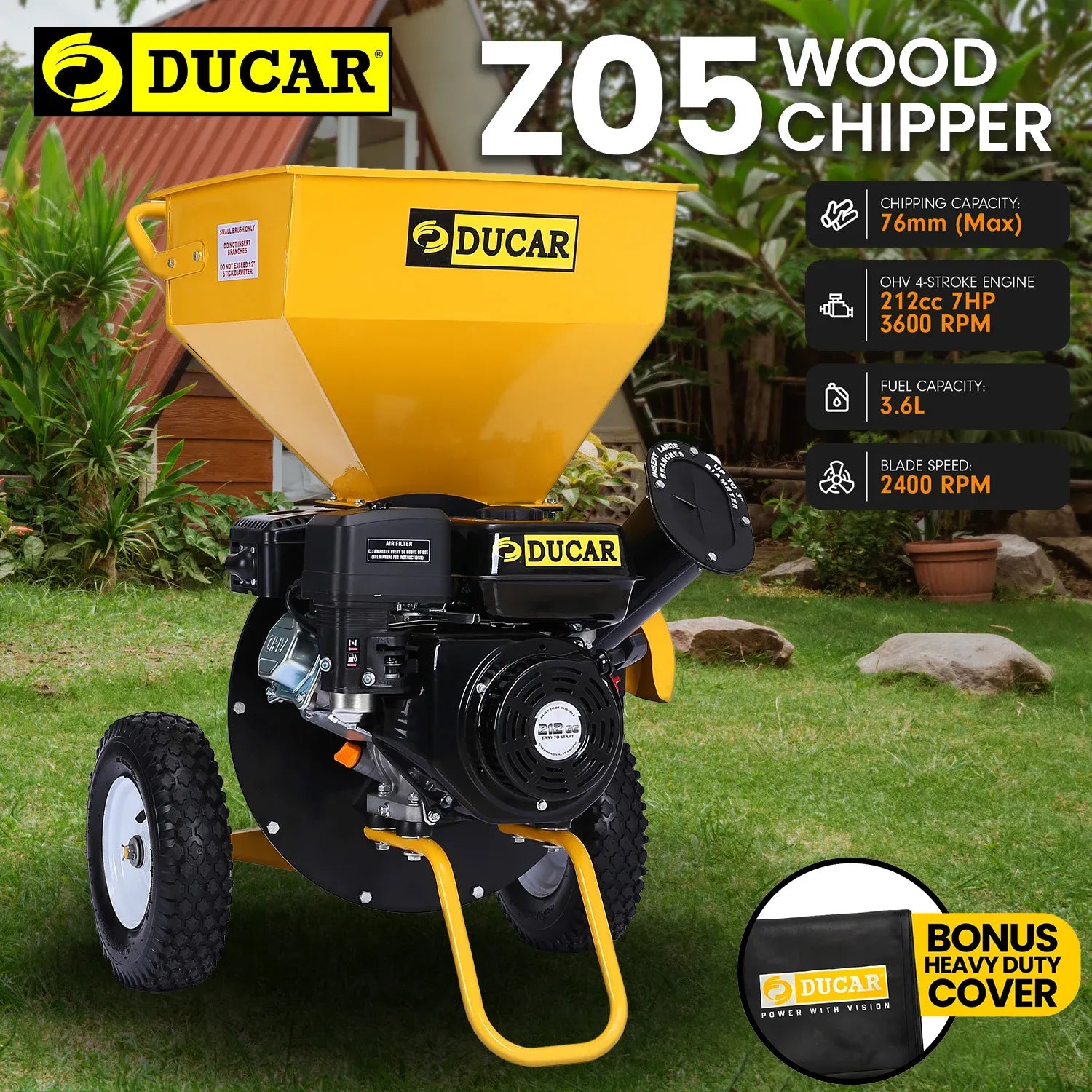 Ducar Wood Chipper Shredder Mulcher Garden 8hp Petrol Motor Upright Grinder - Yellow