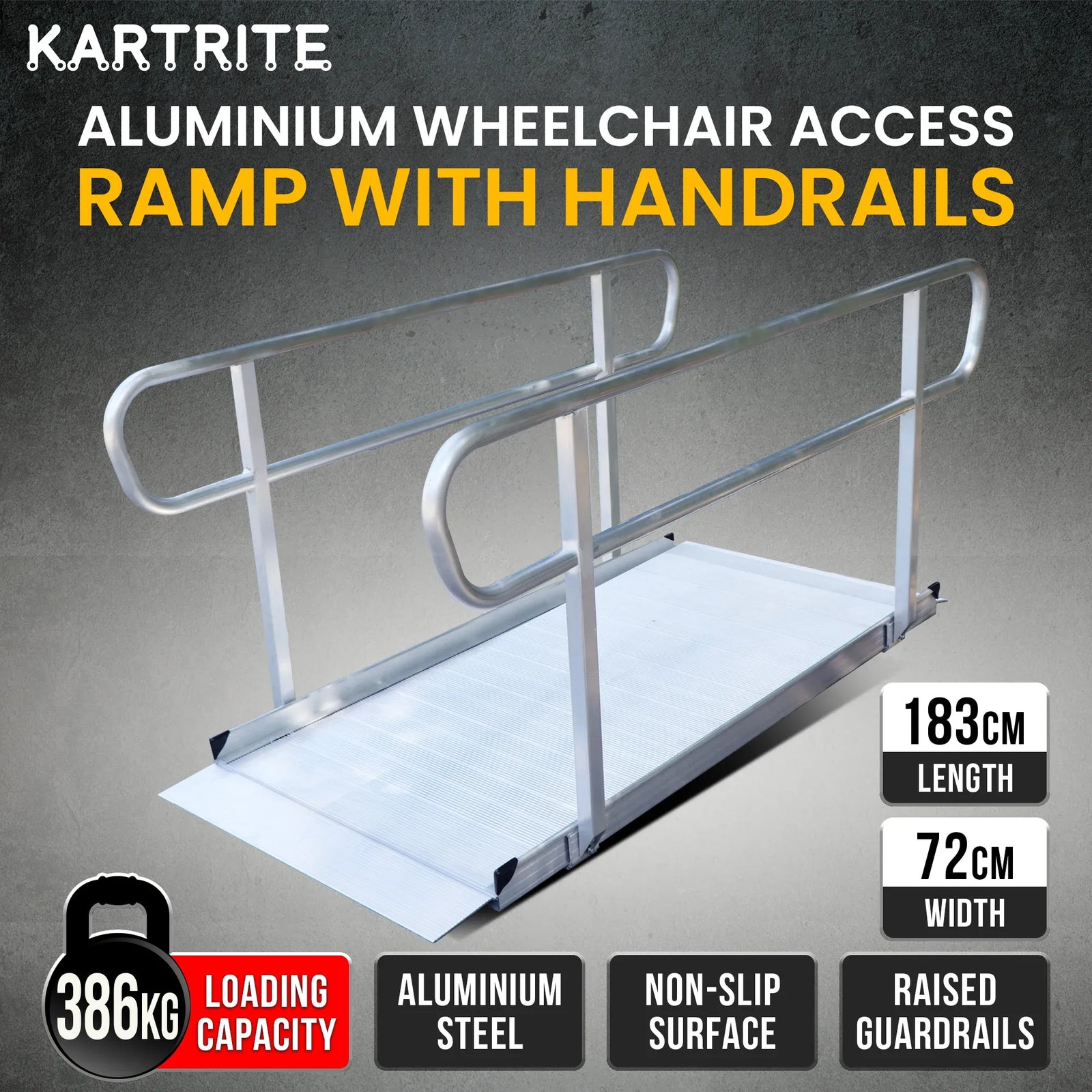 6ft Aluminium Wheelchair Ramp with Handrails 386kg Capacity 72cm Width