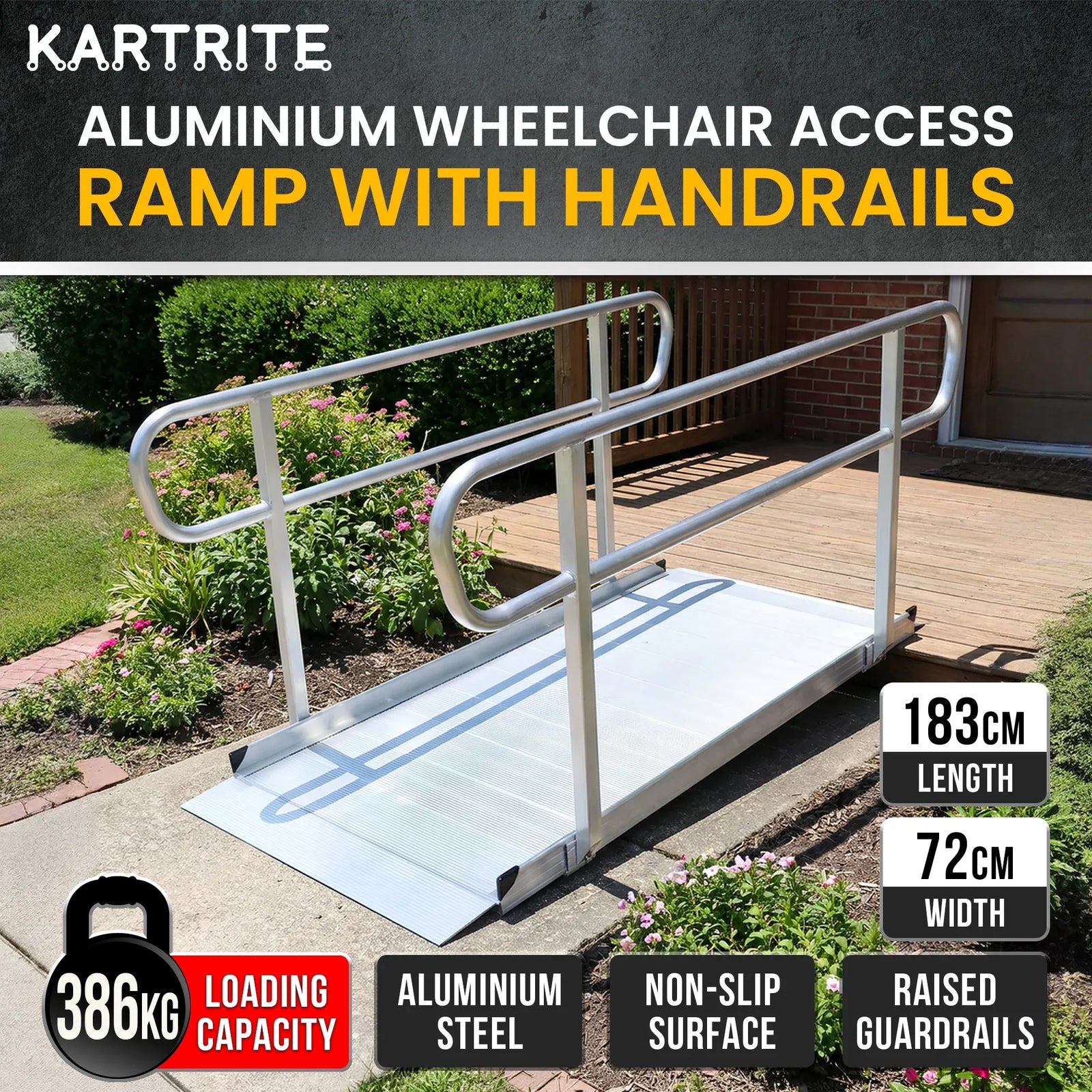 6ft Aluminium Wheelchair Ramp with Handrails 386kg Capacity 72cm Width