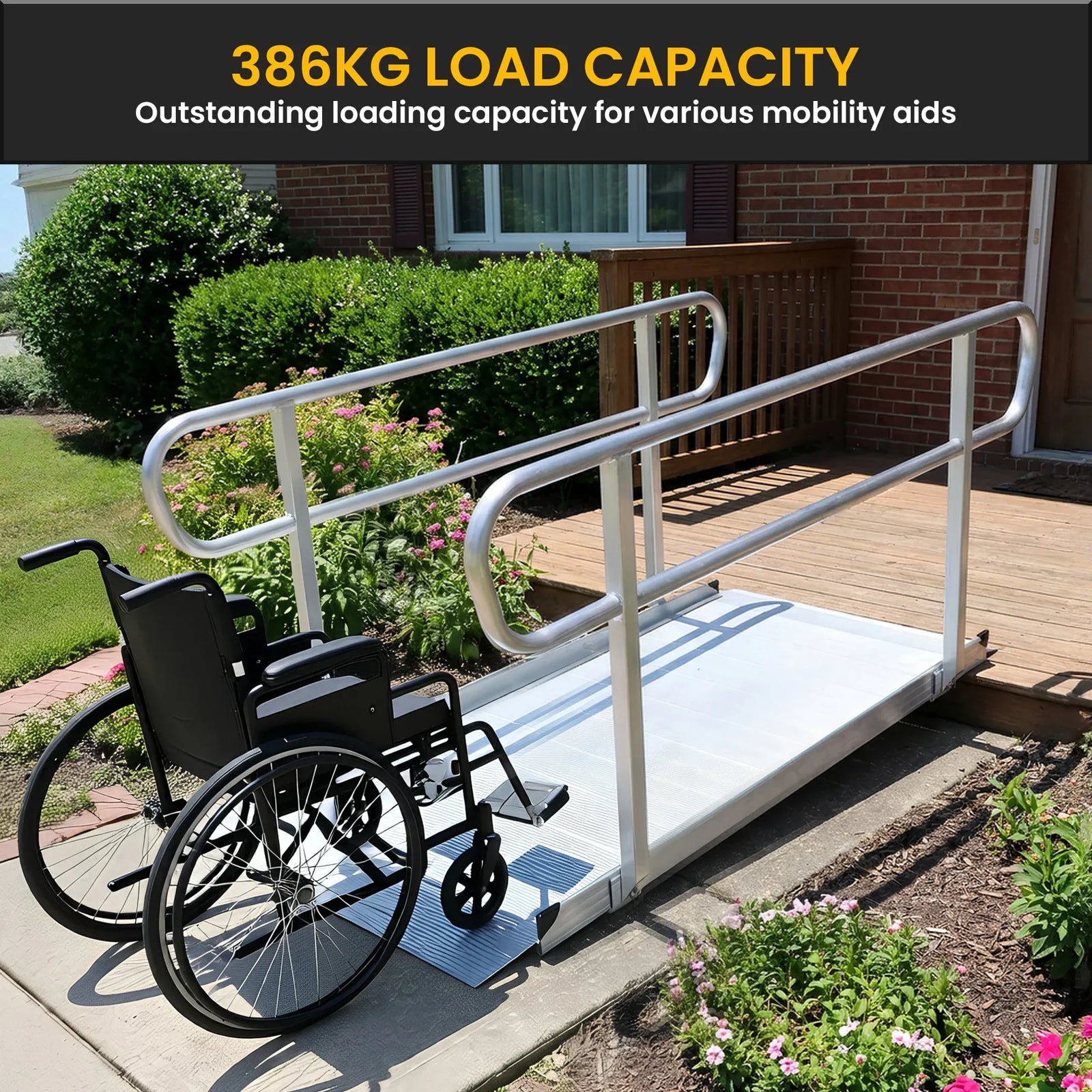 6ft Aluminium Wheelchair Ramp with Handrails 386kg Capacity 72cm Width