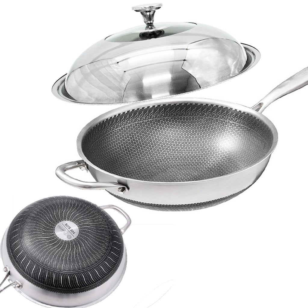 32cm 304 Stainless Steel Non-Stick Stir Fry Cooking Kitchen Honeycomb Wok Pan with Lid