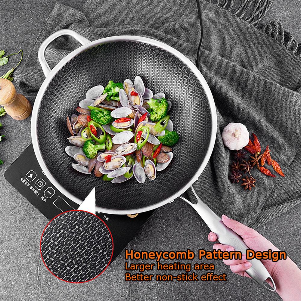 32cm 304 Stainless Steel Non-Stick Stir Fry Cooking Kitchen Honeycomb Wok Pan with Lid