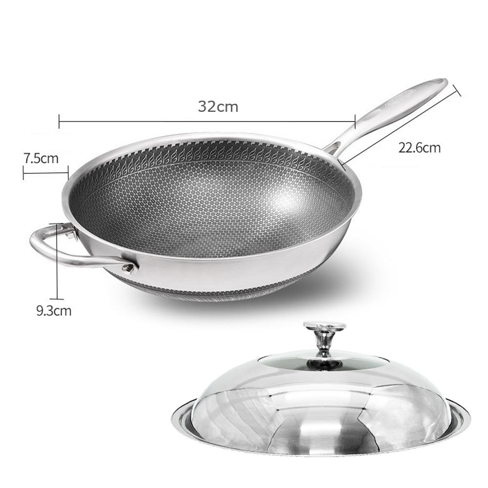 316 Stainless Steel 34cm Non-Stick Stir Fry Cooking Kitchen Wok Pan without Lid Honeycomb Double Sided