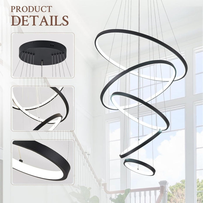 BAMDECOR A18801 Modern LED Chandelier, Dimmable Pendant Light with Remote Control Rings Round Ceiling Lighting Fixture 3 Color Temperatures Contemporary Chandeliers (5 Rings-Black)