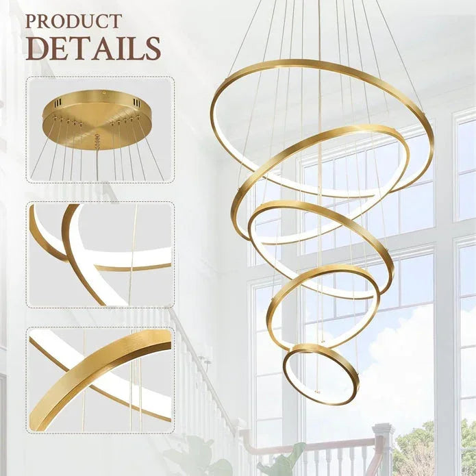 5‑Ring LED Chandelier – Gold, Dimmable Pendant Light, Remote Control