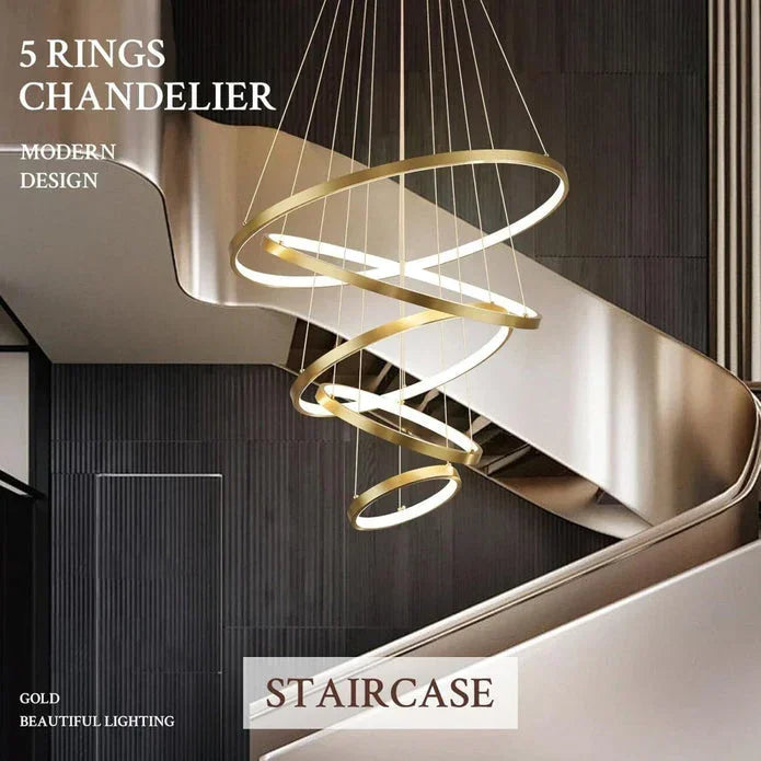 5‑Ring LED Chandelier – Gold, Dimmable Pendant Light, Remote Control