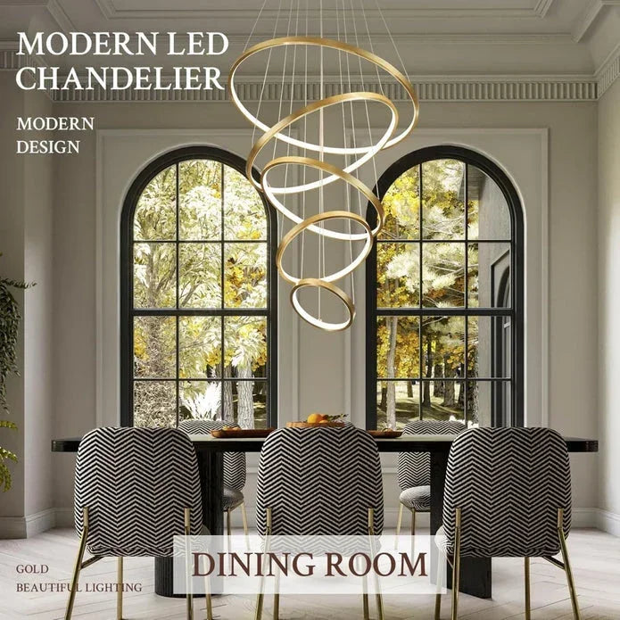5‑Ring LED Chandelier – Gold, Dimmable Pendant Light, Remote Control