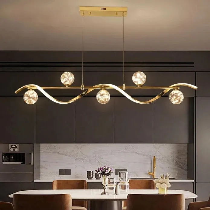 Modern Kitchen Island Pendant Light 6 Glass Globe Shades 120cm Adjustable - Gold