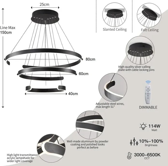 AD2573 3 Round Rings C Shape Ceiling Light Chandeliers (Matte Black)