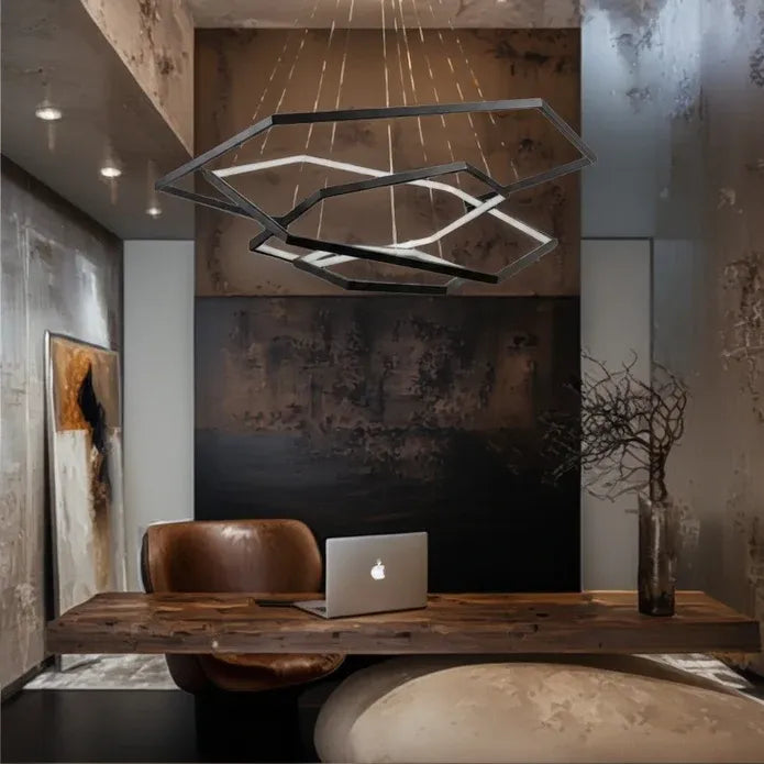 BAMDECOR AD2582/4 Modern LED Chandelier, Hexagonal Rings Ceiling Lighting Contemporary Chandeliers (4 Rings-Black)