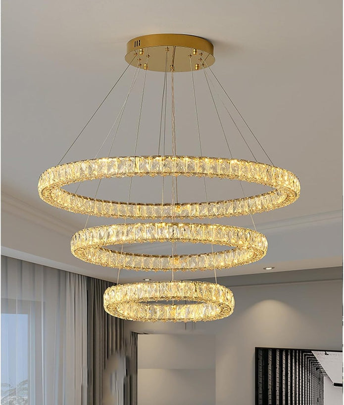 BAMDECOR C3313/3 Modern Crystal Chandeliers Lighting Fixtures Contemporary Round Chandelier Lighting Fixtures Crystal Pendant Ceiling Lights(Gold)