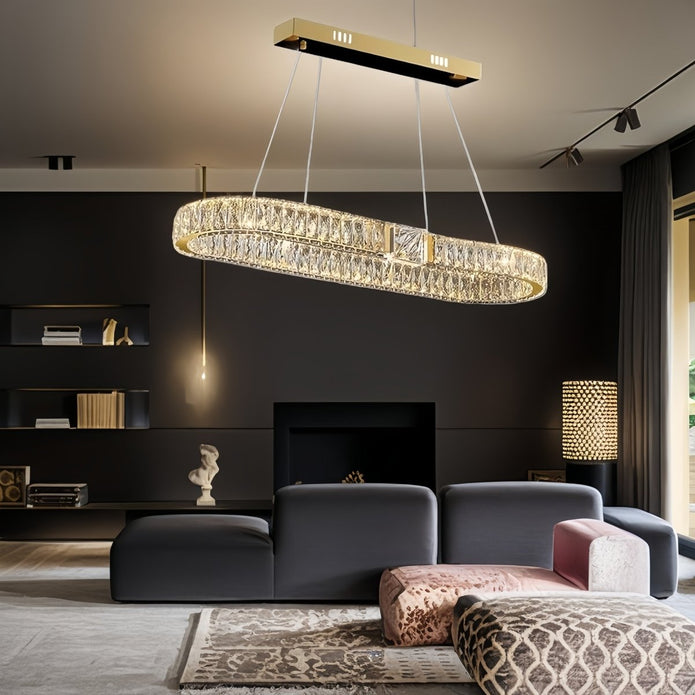 BAMDECOR C3319 Modern Linear Crystal Chandeliers Lighting Fixtures Contemporary Round Chandelier Lighting Fixtures Crystal Pendant Ceiling Lights(Gold-Oval 100cm)