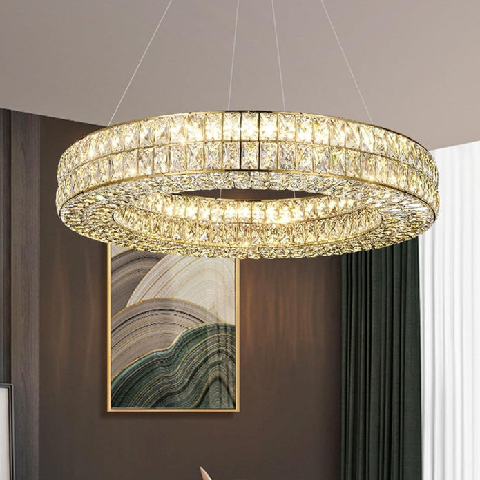 BAMDECOR C3332/1  Round Luxury Crystal Chandelier Modern LED Crystal Chandelier LED Ring Pendant Light Stainless Steel Ceiling Lamp Hanging Lights,for Dining Living Room (Gold)
