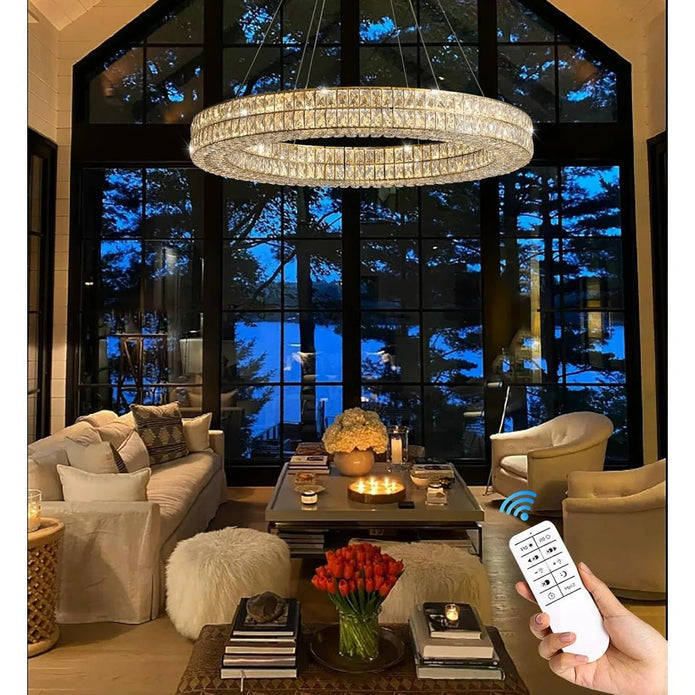 BAMDECOR C3332/1  Round Luxury Crystal Chandelier Modern LED Crystal Chandelier LED Ring Pendant Light Stainless Steel Ceiling Lamp Hanging Lights,for Dining Living Room (Gold)