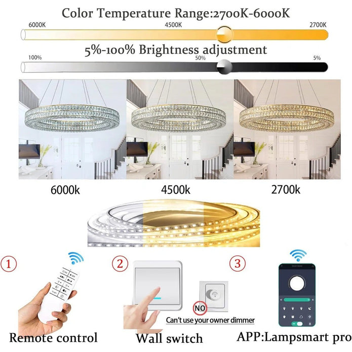 BAMDECOR C3332/1  Round Luxury Crystal Chandelier Modern LED Crystal Chandelier LED Ring Pendant Light Stainless Steel Ceiling Lamp Hanging Lights,for Dining Living Room (Gold)