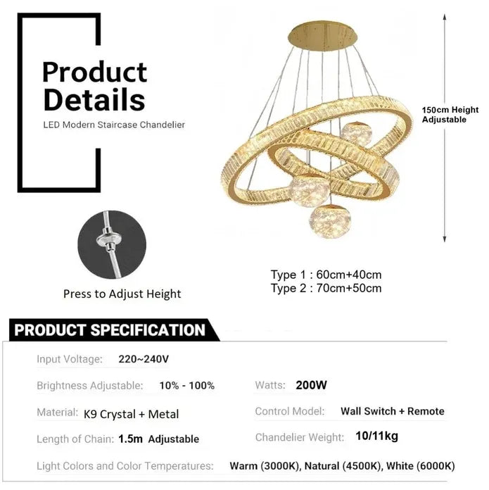 C3335 Large Swirl Modern Crystal Ring Chandeliers Contemporary Round Chandelier Crystal Pendant Light(Gold-Two Rings)