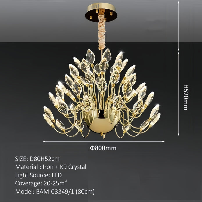 BAMDECOR C3349/1 Modern Luxury Crystal-leaf Chandelier LED Fashion Creativity Pendant Ceiling Lights(60cm-Gold)