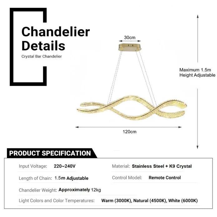 1.2m C3601W Wave Crystal Pendant Chandelier Decorative Lighting Lampshade (Brass Gold)