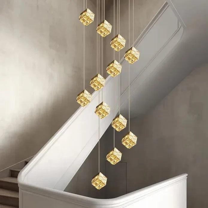 LT02 12 Hanging Crystal Cube Chandelier LED Chandelier for Dining Room, Luxury Dimmable Enterway Led Pendant Lights Fixture (Gold)