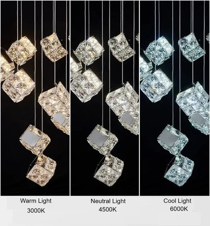 LT02 12 Hanging Crystal Cube Chandelier LED Chandelier for Dining Room, Luxury Dimmable Enterway Led Pendant Lights Fixture (Gold)