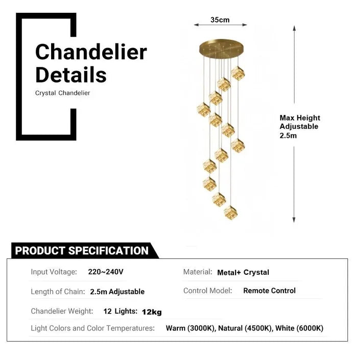 LT02 12 Hanging Crystal Cube Chandelier LED Chandelier for Dining Room, Luxury Dimmable Enterway Led Pendant Lights Fixture (Gold)