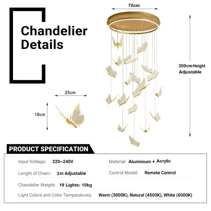 LT05 19 Nordic Butterfly Luxury Chandeliers Pendant Lights for Villa Stair Home Decoration Modern Style Exquisite Chandelier (Gold)