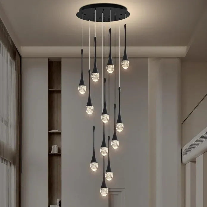 LT08 12-Heads Solid Crystal Teardrop Chandelier High Ceiling Foyers Entrance Chandeliers Staircase Long Pendant Light (Black)