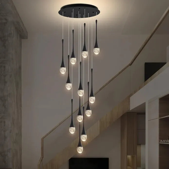 LT08 12-Heads Solid Crystal Teardrop Chandelier High Ceiling Foyers Entrance Chandeliers Staircase Long Pendant Light (Black)