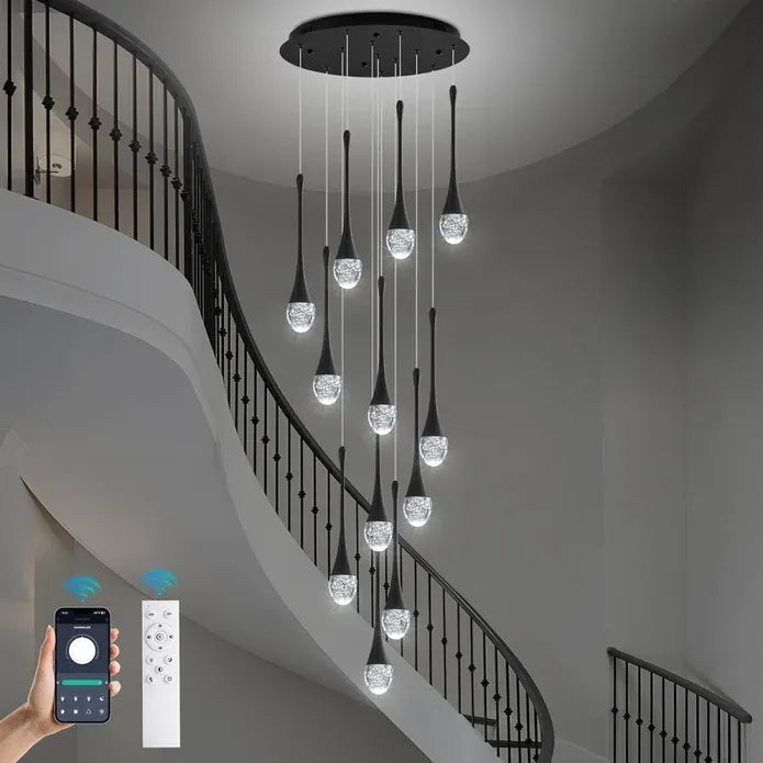 LT08 12-Heads Solid Crystal Teardrop Chandelier High Ceiling Foyers Entrance Chandeliers Staircase Long Pendant Light (Black)