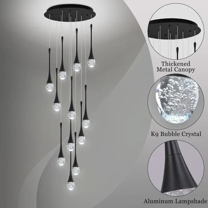 LT08 12-Heads Solid Crystal Teardrop Chandelier High Ceiling Foyers Entrance Chandeliers Staircase Long Pendant Light (Black)