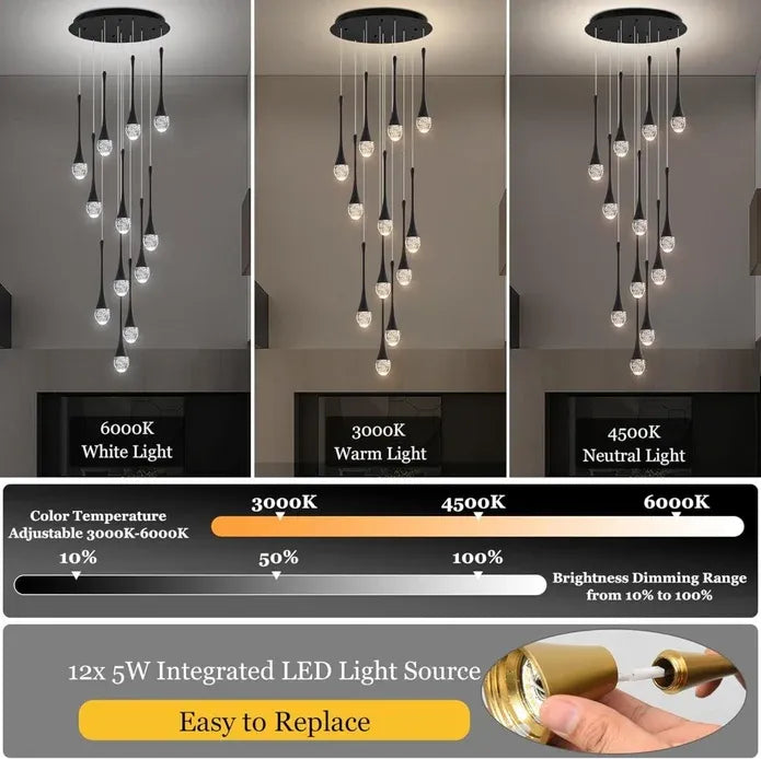 LT08 12-Heads Solid Crystal Teardrop Chandelier High Ceiling Foyers Entrance Chandeliers Staircase Long Pendant Light (Black)