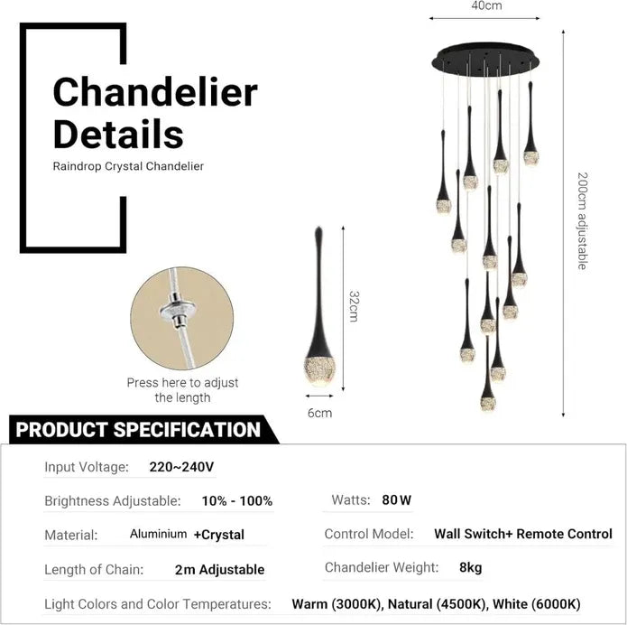 LT08 12-Heads Solid Crystal Teardrop Chandelier High Ceiling Foyers Entrance Chandeliers Staircase Long Pendant Light (Black)