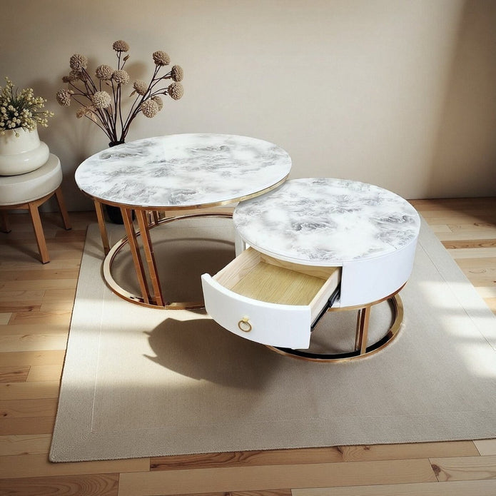 Snowy Mountain Faux Modern Marble Slate Nesting Coffee Table Set Leather Wrapped Wood Drawers