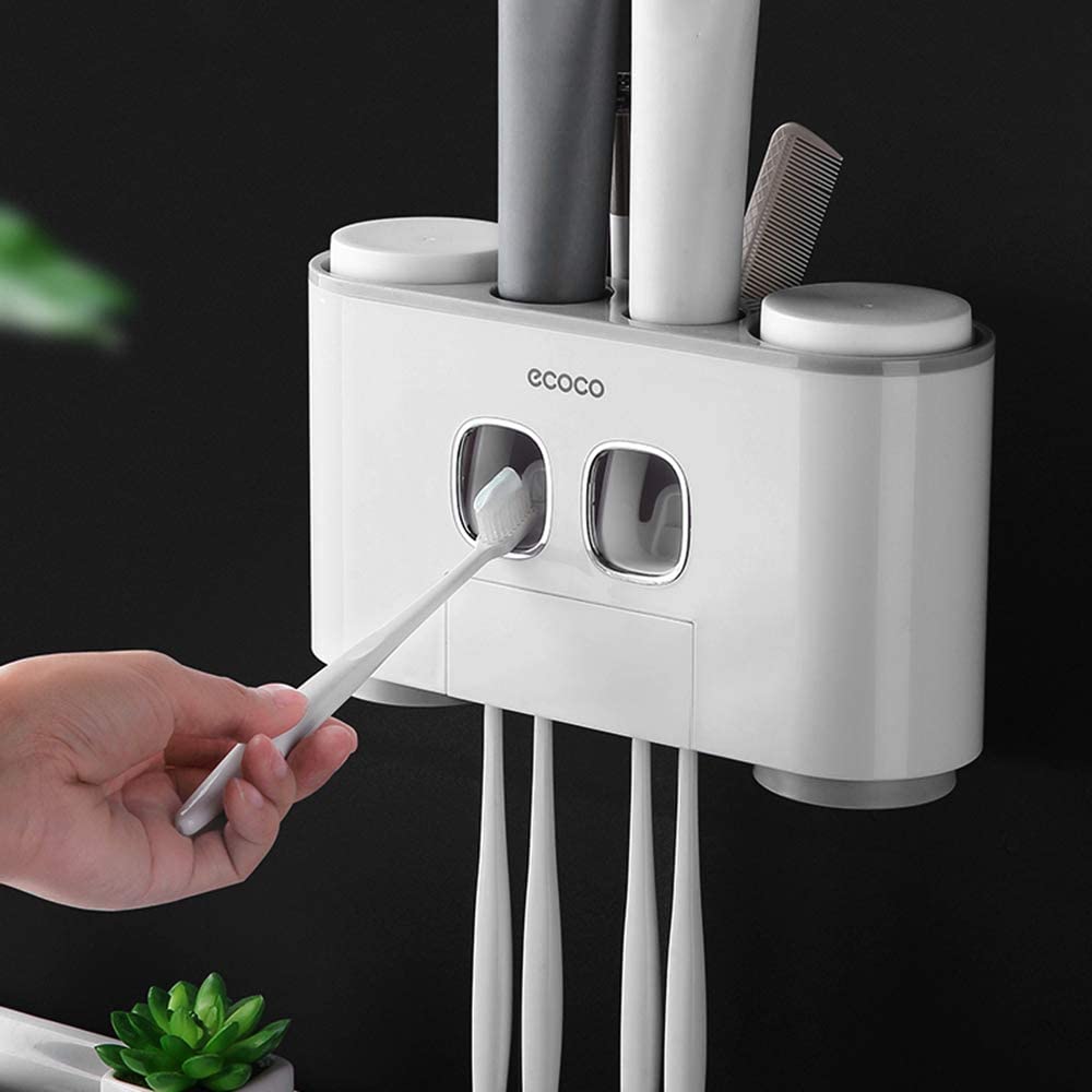 Ecoco Wall-Mounted Toothbrush Holder with 2 Toothpaste Dispensers 4 Cups and 5 Toothbrush Slots Toiletries Bathroom Storage Rack (Grey)