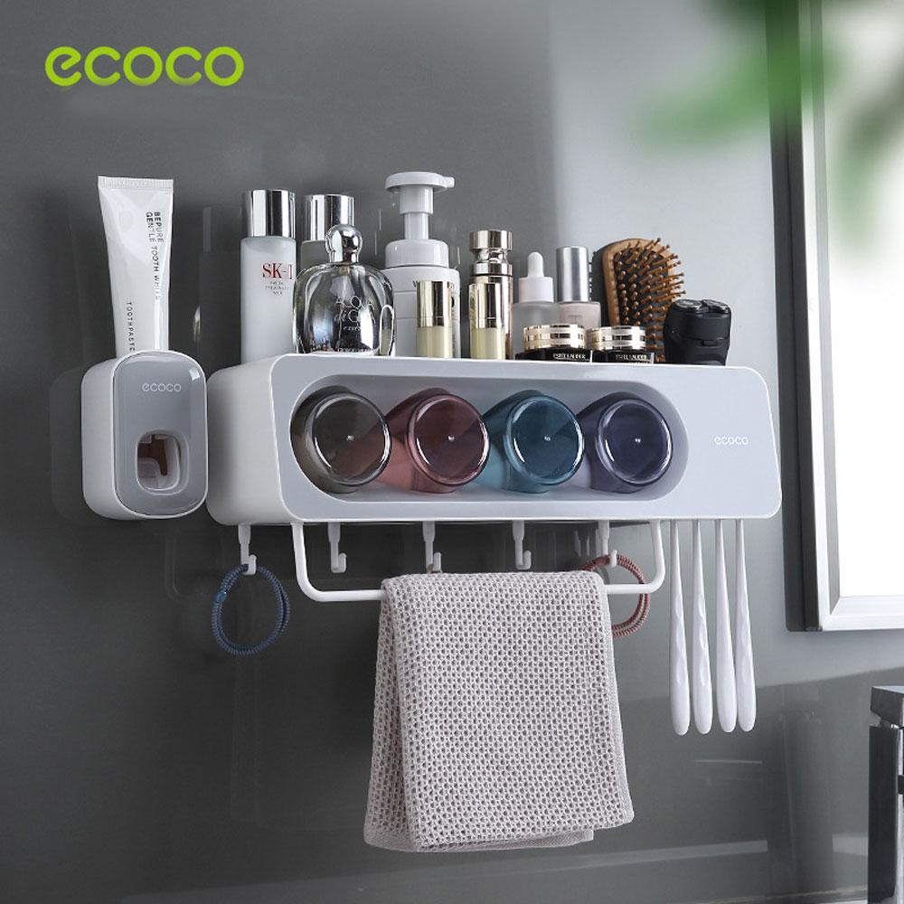 Ecoco Wall-Mounted Toothbrush Holder with 4 Cups and 4 Toothbrush Slots Toiletries Bathroom Storage Rack Grey