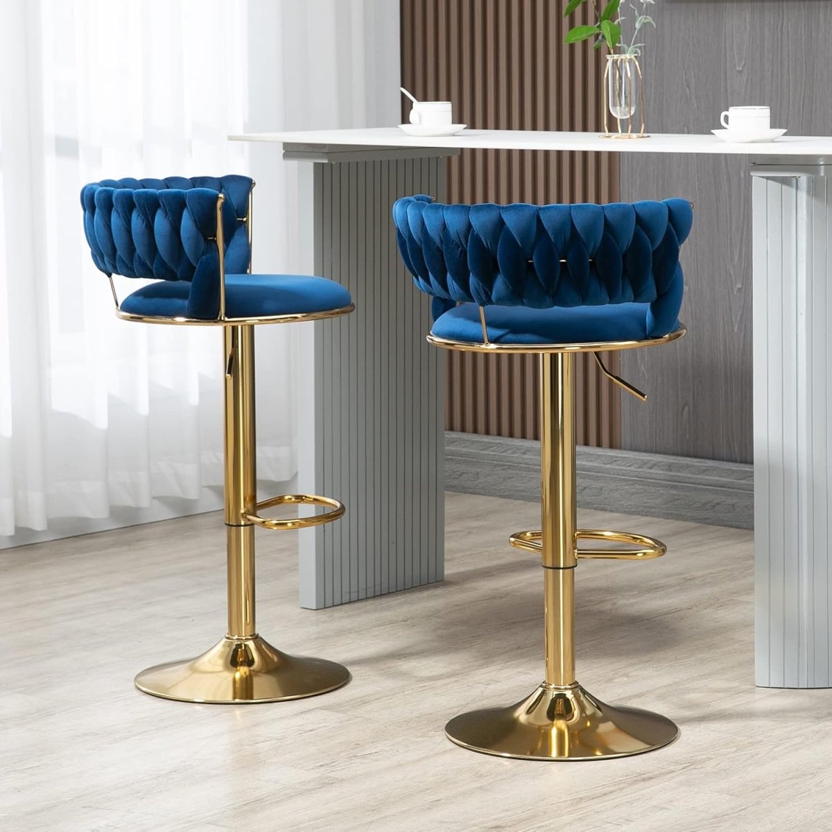 2x Height Adjustable Swivel Bar Stool Velvet Golden Base Barstools Chairs Padded Seat- Blue