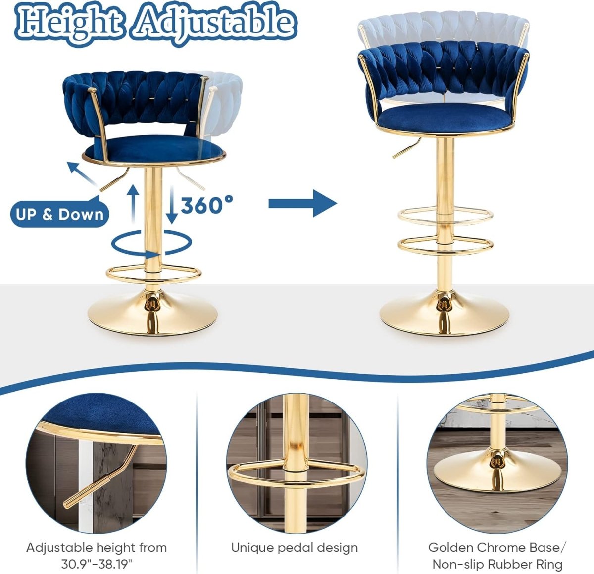 2x Height Adjustable Swivel Bar Stool Velvet Golden Base Barstools Chairs Padded Seat- Blue