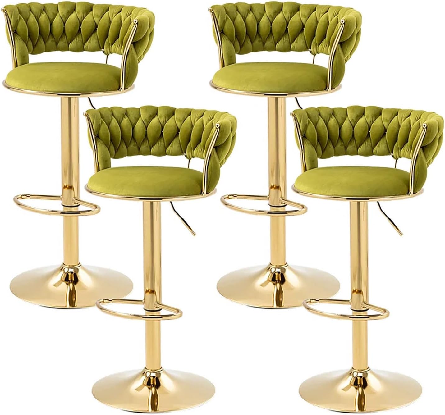 2x Height Adjustable Swivel Bar Stool Velvet Golden Base Barstools Chairs Padded Seat Olive Green