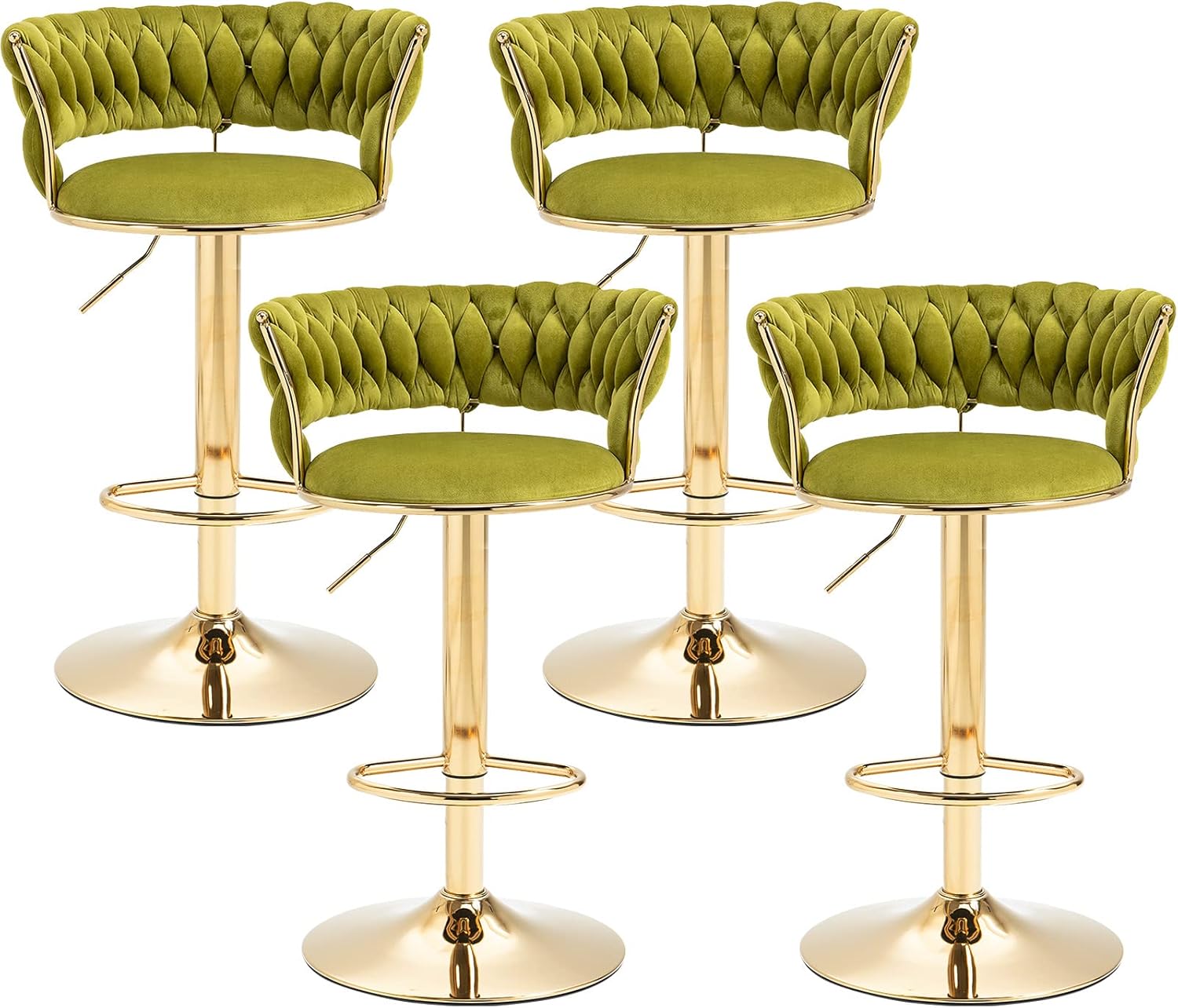 2x Height Adjustable Swivel Bar Stool Velvet Golden Base Barstools Chairs Padded Seat Olive Green