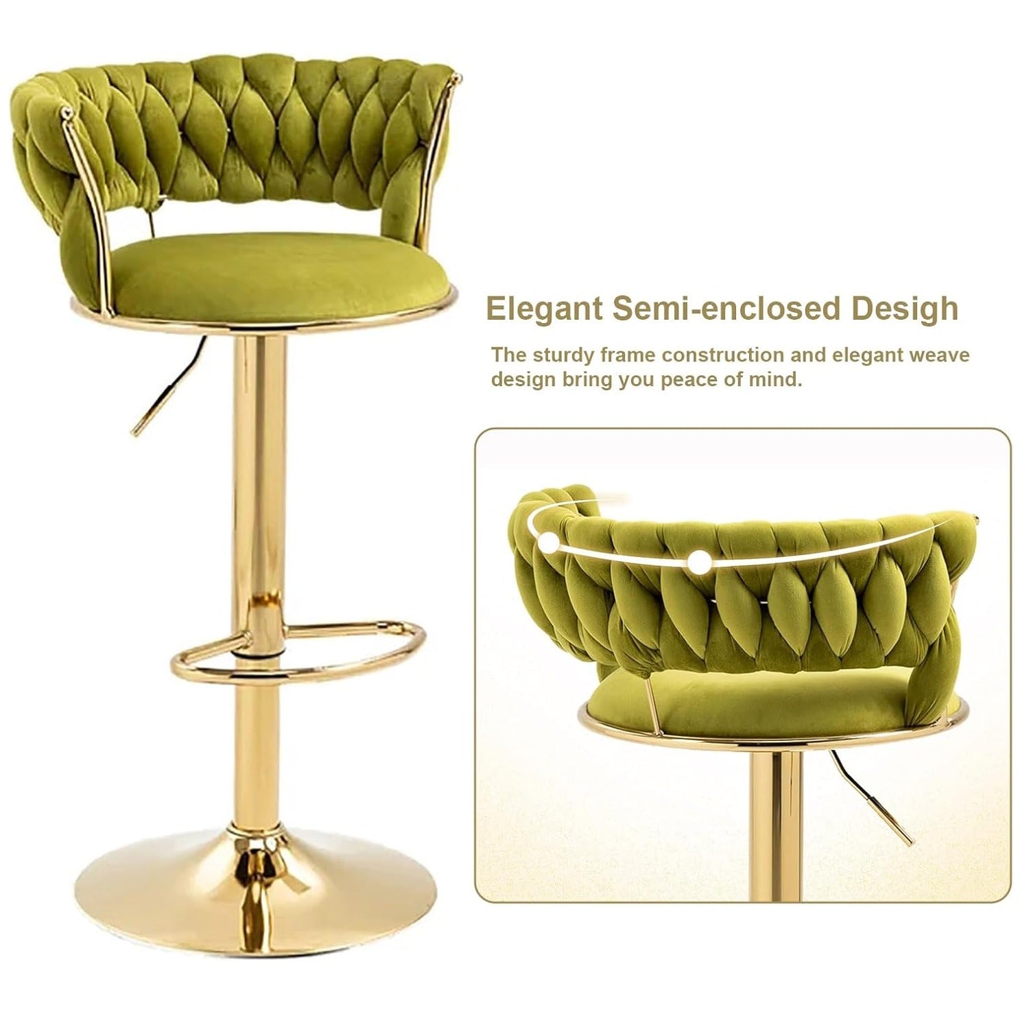 2x Height Adjustable Swivel Bar Stool Velvet Golden Base Barstools Chairs Padded Seat Olive Green