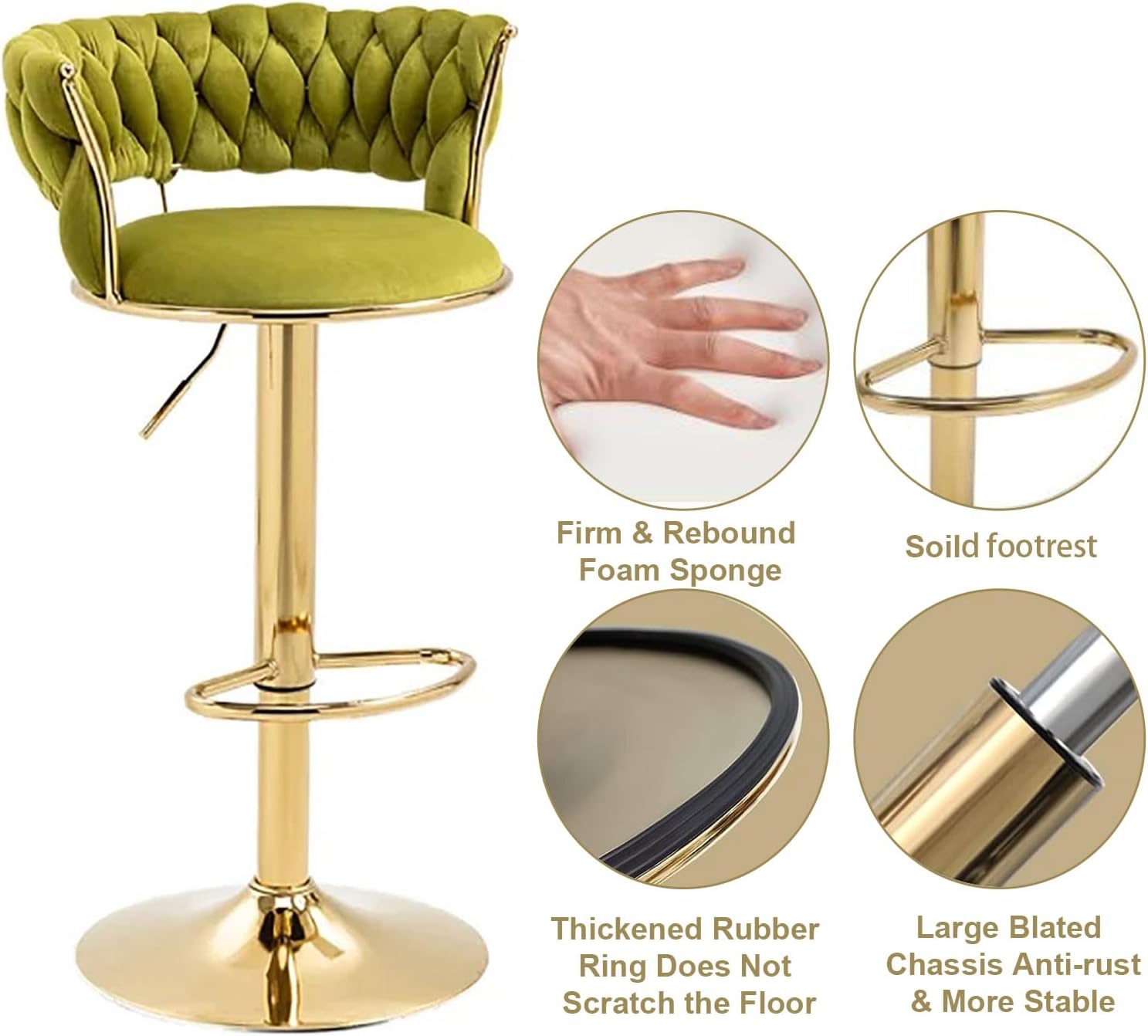 2x Height Adjustable Swivel Bar Stool Velvet Golden Base Barstools Chairs Padded Seat Olive Green