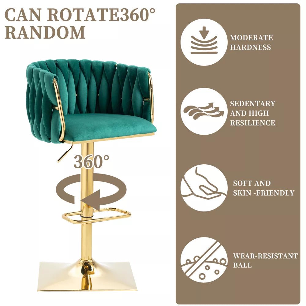 Modern Velvet Breakfast Bar Stools Swivel Barstools Adjustable Counter Stools with Backrest Set of 2 Emarald Green