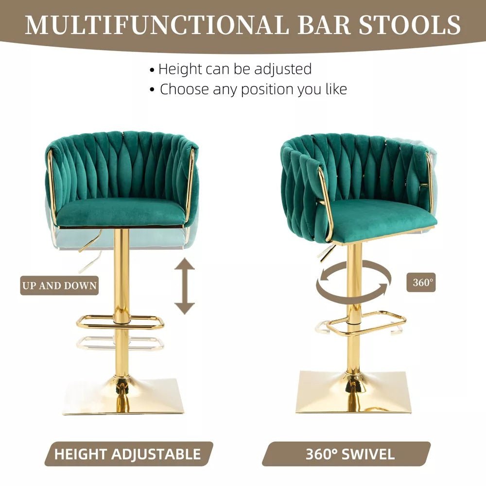 Modern Velvet Breakfast Bar Stools Swivel Barstools Adjustable Counter Stools with Backrest Set of 2 Emarald Green