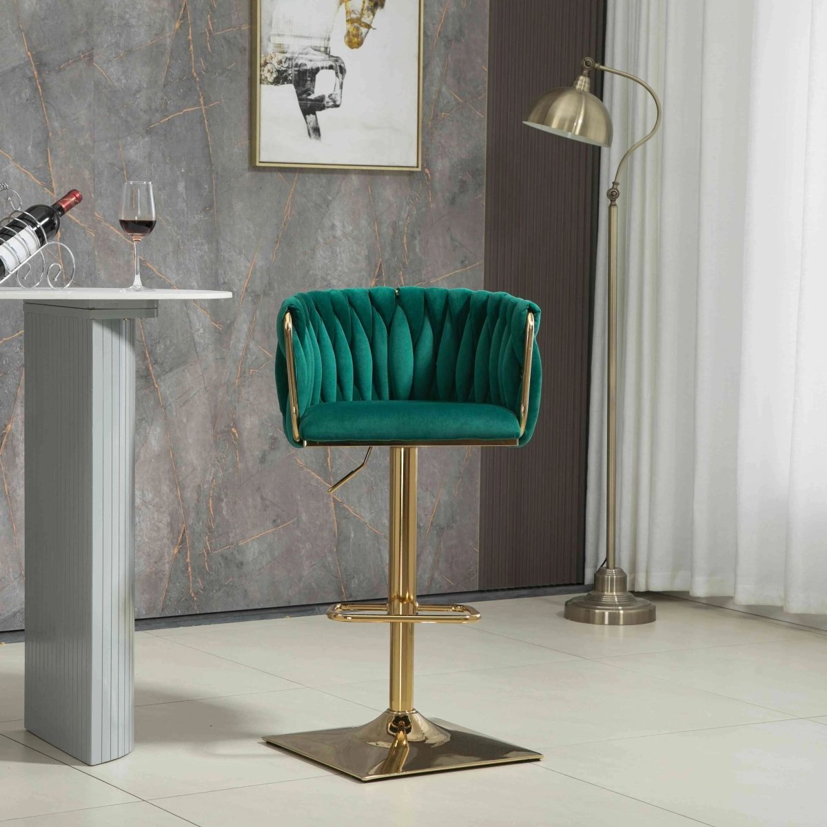 Modern Velvet Breakfast Bar Stools Swivel Barstools Adjustable Counter Stools with Backrest Set of 2 Emarald Green