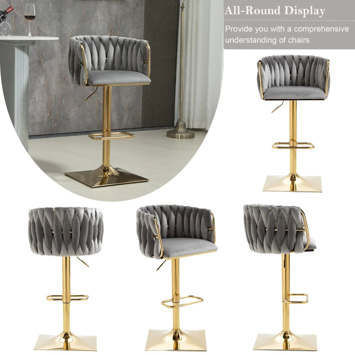 Modern Velvet Breakfast Bar Stools Swivel Barstools Adjustable Counter Stools with Backrest Set of 2 Grey