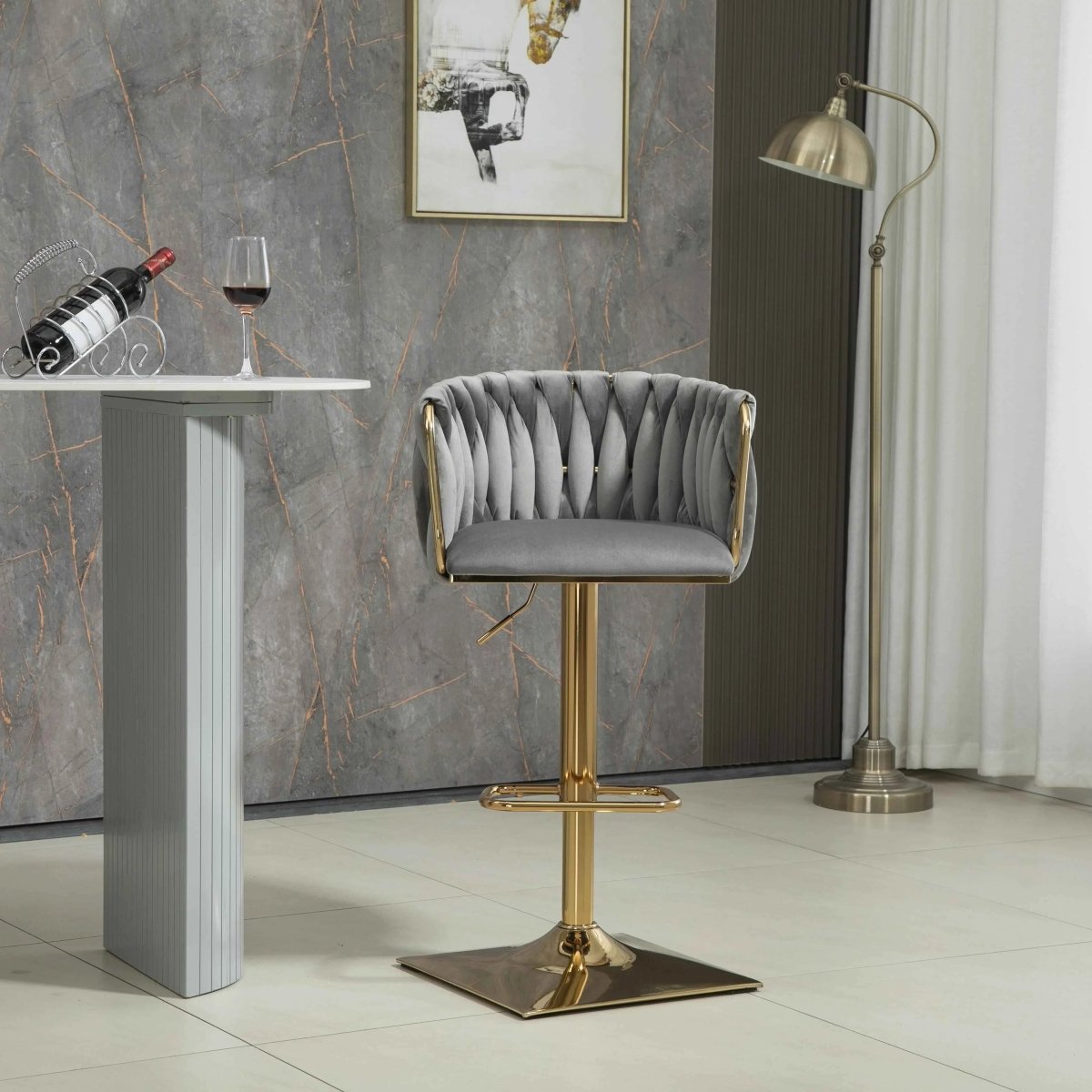 Modern Velvet Breakfast Bar Stools Swivel Barstools Adjustable Counter Stools with Backrest Set of 2 Grey