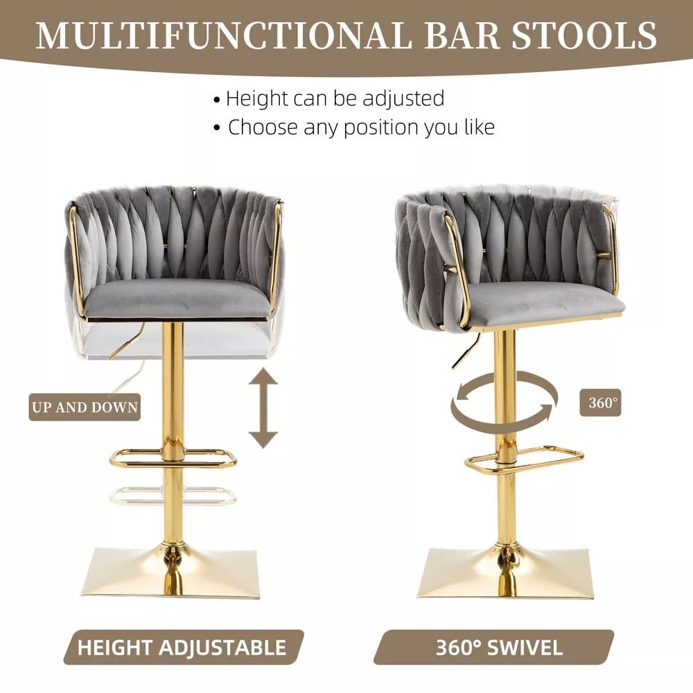 Modern Velvet Breakfast Bar Stools Swivel Barstools Adjustable Counter Stools with Backrest Set of 2 Grey
